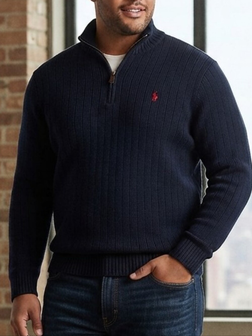 Polo by Ralph Lauren Navy Blue Ribbed 1/4 Zip Cotton Pullover Sweater XXL Casual